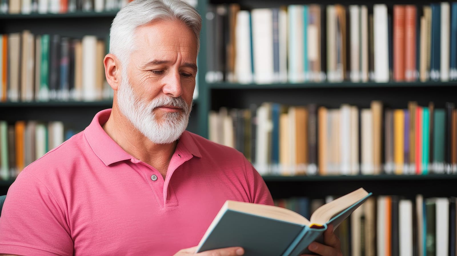 Homem de camisa rosa lendo um livro de capa azul diante de estantes cheias de livros.